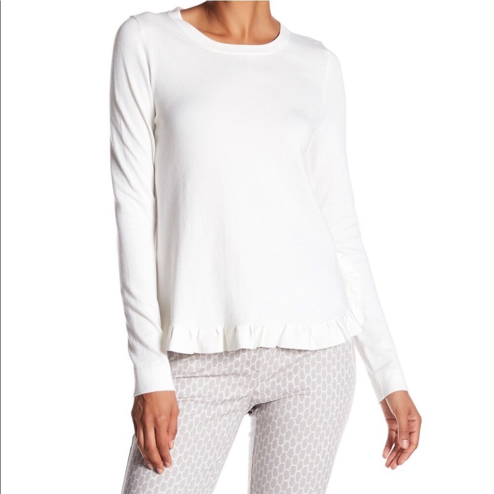 Adrianna Papell White Rayon Knit Scoop Neck Ruffle Sweater